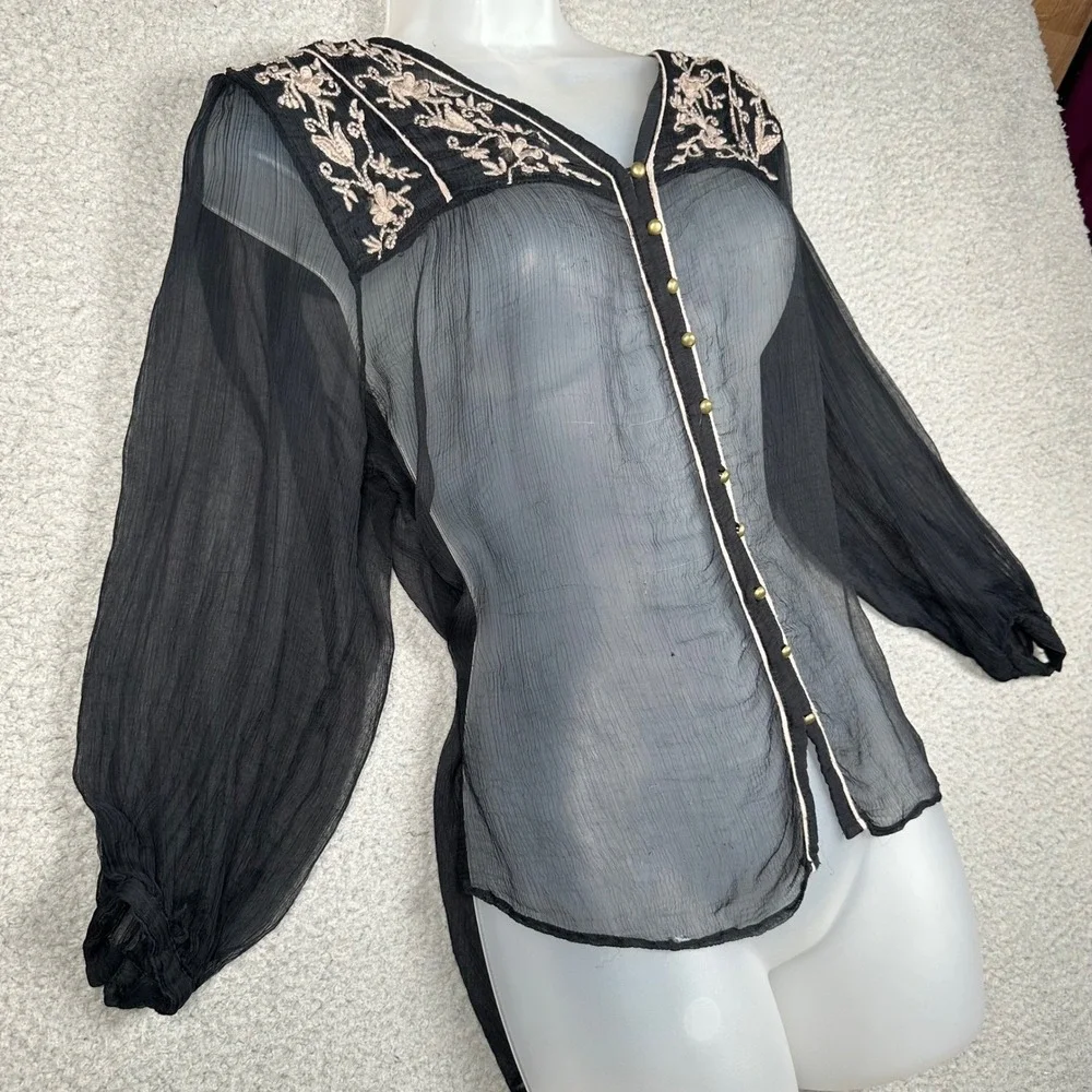 Free People Piped Dreams Blouse Women's S Black Sheer Embroidered Boho Gothic